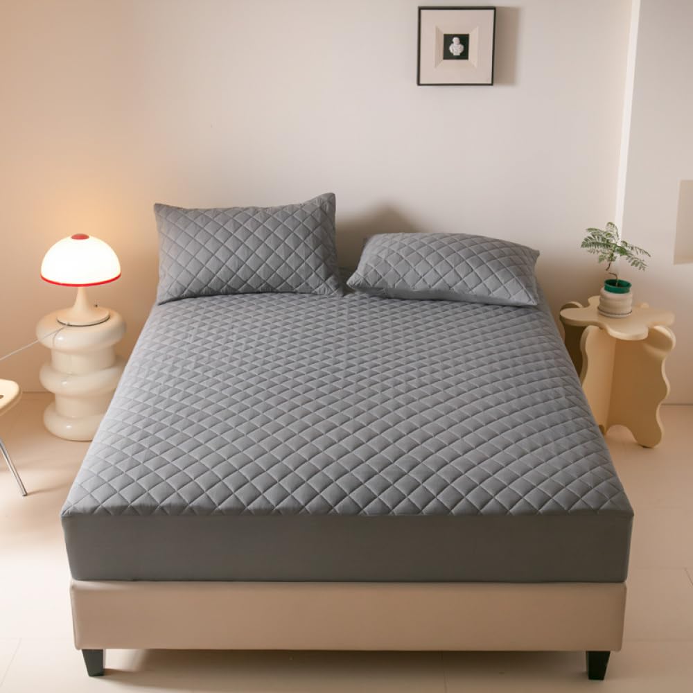 Protège-matelas gris doux pour la peau pour lit double avec 2 taies d'oreiller