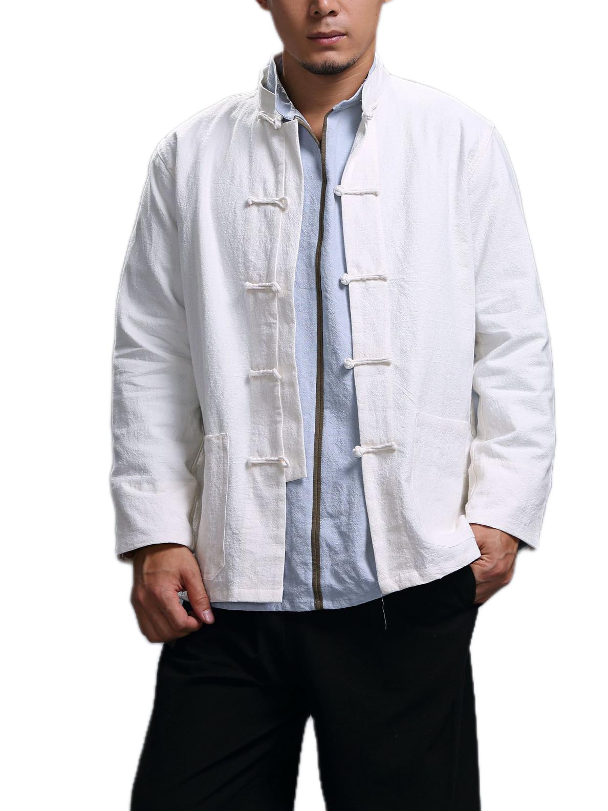 HEARTTOUCH Men's Chinese Linen Cotton Blouse Shirts Long Sleeve Frog-Button Jacket Shirt Tai Chi Kung Fu Shirts with Pocket