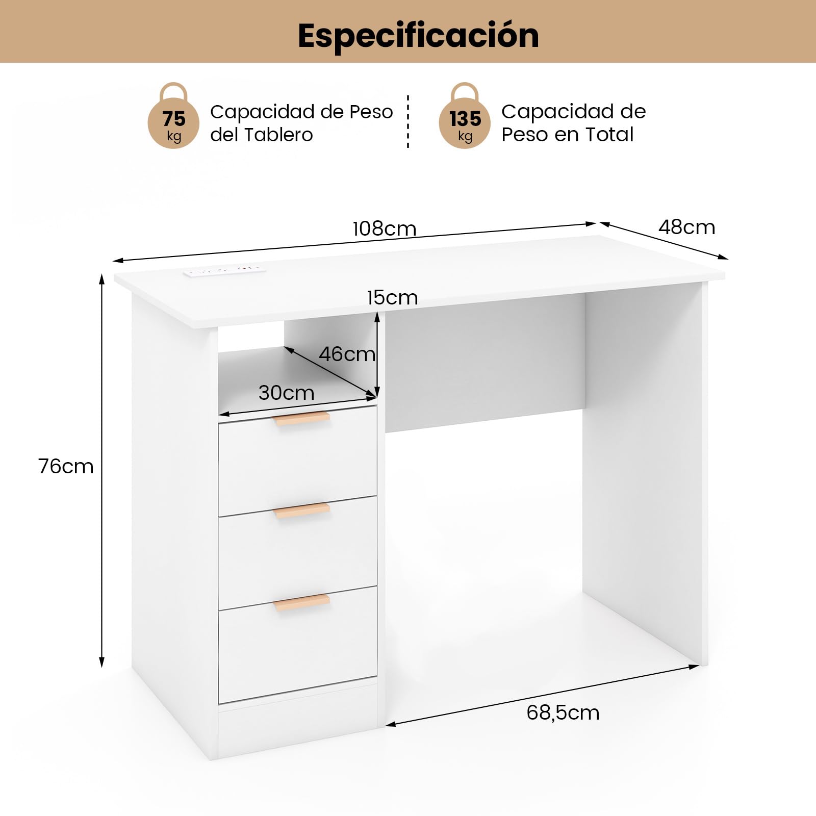 COSTWAY Escritorio Blanco con 3 Cajones y Estante Abierto, Mesa Escritorio con Estación de Carga Integrada, Escritorio Blanco Juvenil, 108 x 48 x 76 cm