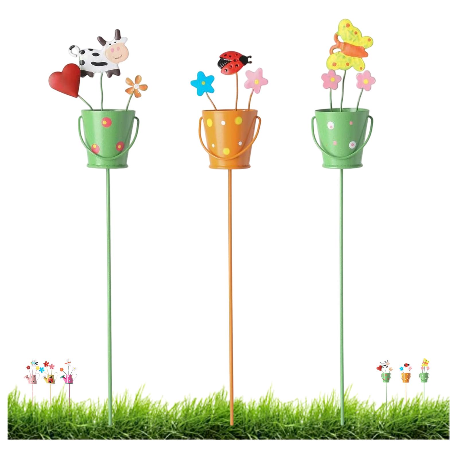 3/4/6 Pcs Decorative Garden Stakes, Metal Watering Can Stakes Ornaments for Yard Flower Pot, Waterproof Decorative Plant Pot Sticks for Outdoor Lawn Patio Pathway Planter Decoration (3 Pcs - B)