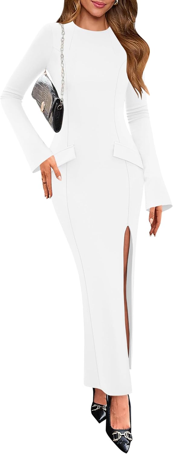 Lazysmile Fall Dresses for Women Long Sleeve Mock Neck Buckle Back Backless Bodycon Split Party Cocktail Wedding Guest Dress White