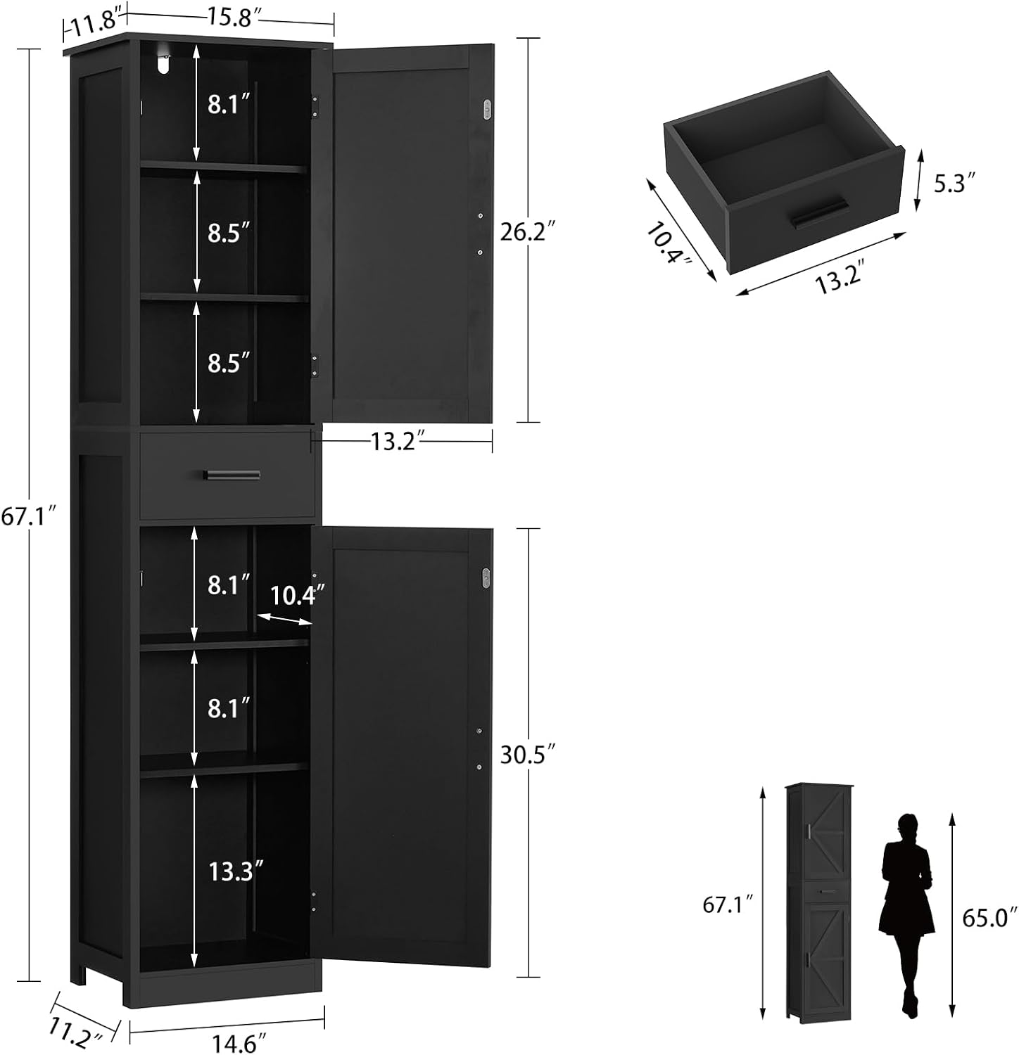 WEENFON Tall Bathroom Cabinet, Storage Cabinet with 6 Shelves & Drawer, Bathroom Storage Cabinet with Adjustable Shelves, Tall Cabinet for Living Room, Home Office, Black
