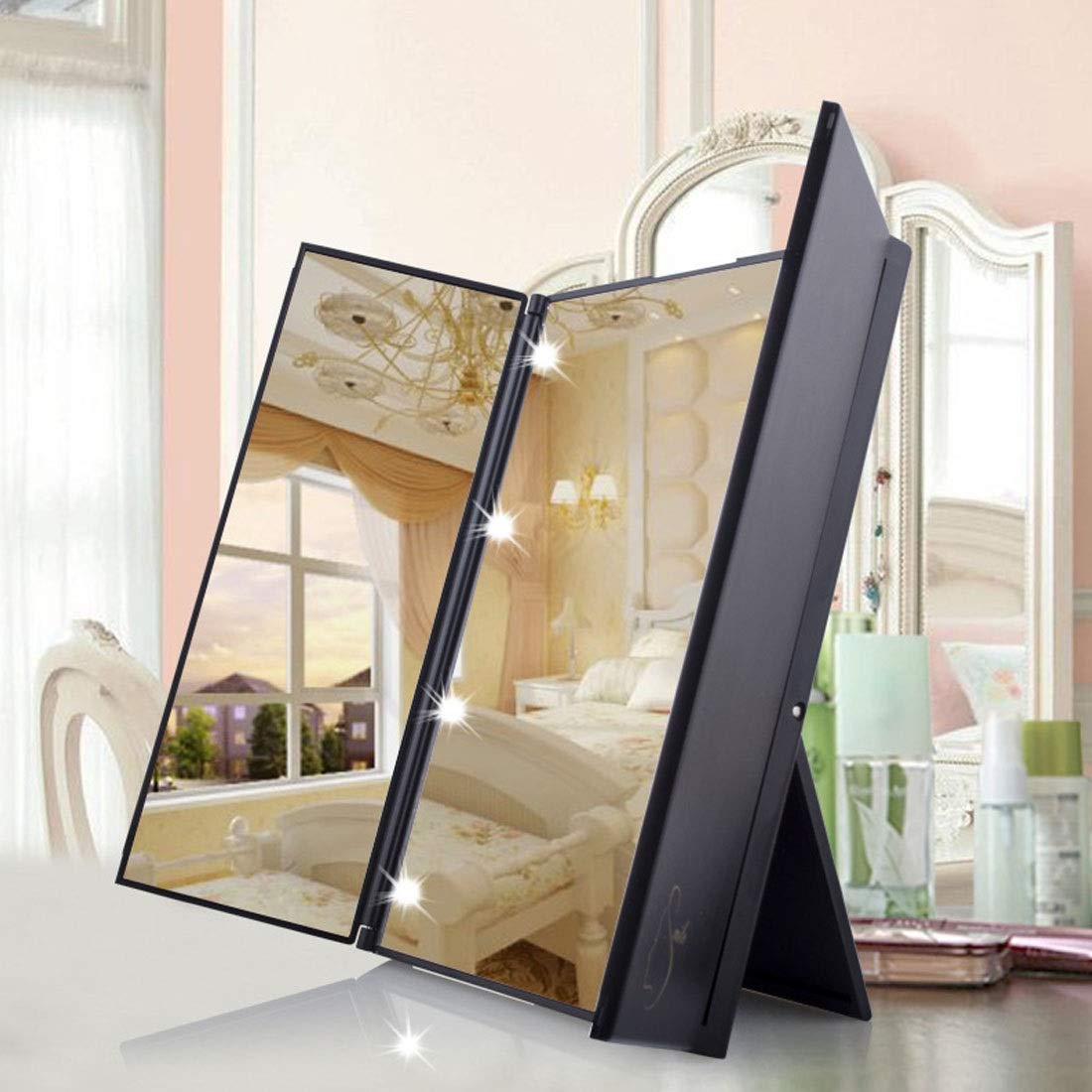 Specchio for il trucco luminoso a LED, specchio da tavolo pieghevole a tre lati con 8 luci a, for cosmetico