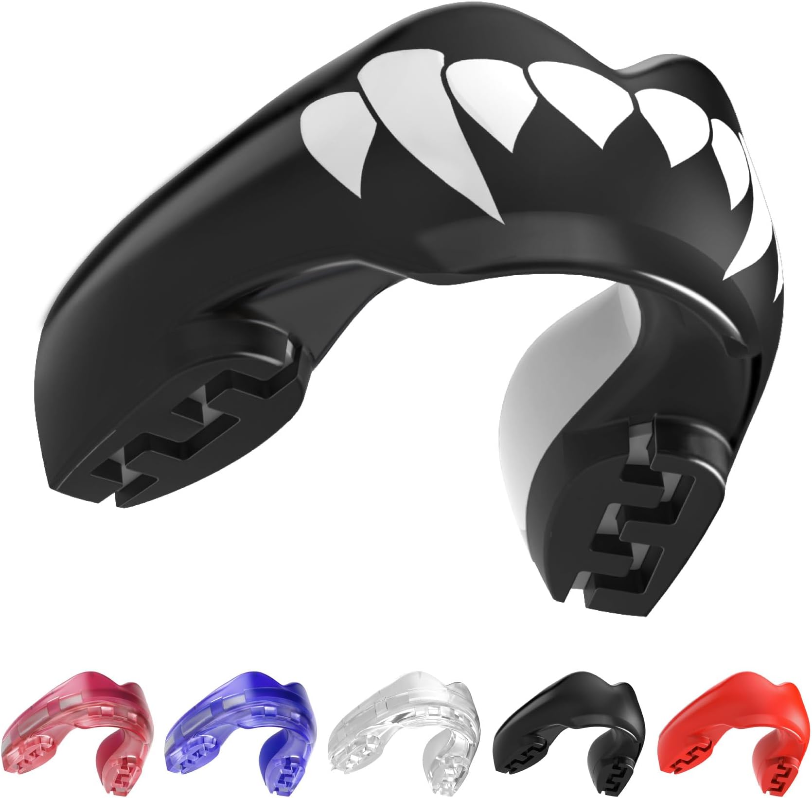 SAFEJAWZ Mouth Guard for Braces, Upper & Lower Protection Mouthguard with Case, Easy Fit Remoldable Mouthpiece for Football, Boxing, Lacrosse, Basketball & All Contact Sports (One Size, Black Fangz)