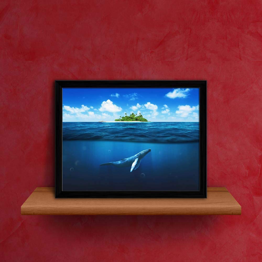 ArtzFolio Island With Palm Trees & Whale Underwater Tabletop Painting Black Frame 10.3 x 8 inch (26 x 20 cms)