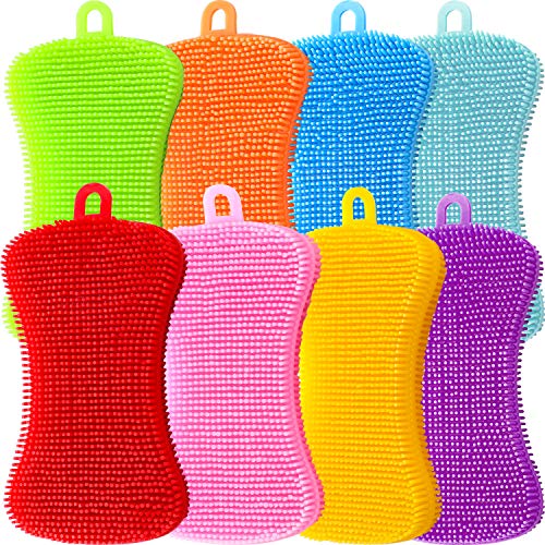 8 Pieces Silicone Sponge Dish Washing Scrubber Household Cleaning Sponge Kitchen Gadgets Brush Accessories for Dishes (Purple, Gray, Green, Blue, Pink, Yellow, Red, Orange)