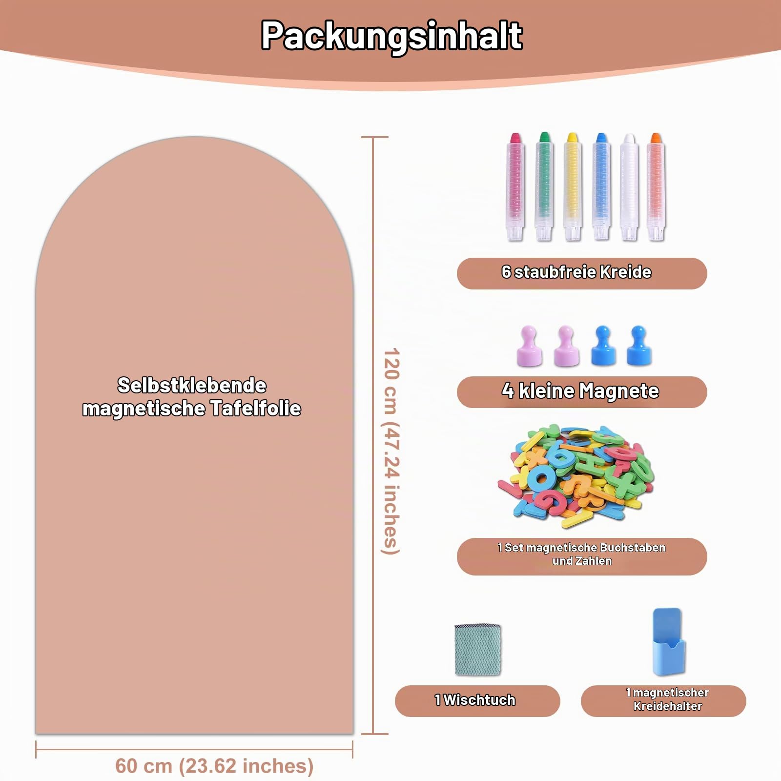 Magnetische selbstklebende Tafelfolie mit Zubehör, 120x60 cm, Rosa | Abwischbare Magnettafel für Schule & Büro, inkl. Kreide, Magnete & Mikrofasertuch –selbstklebende schwarze Wandtafel