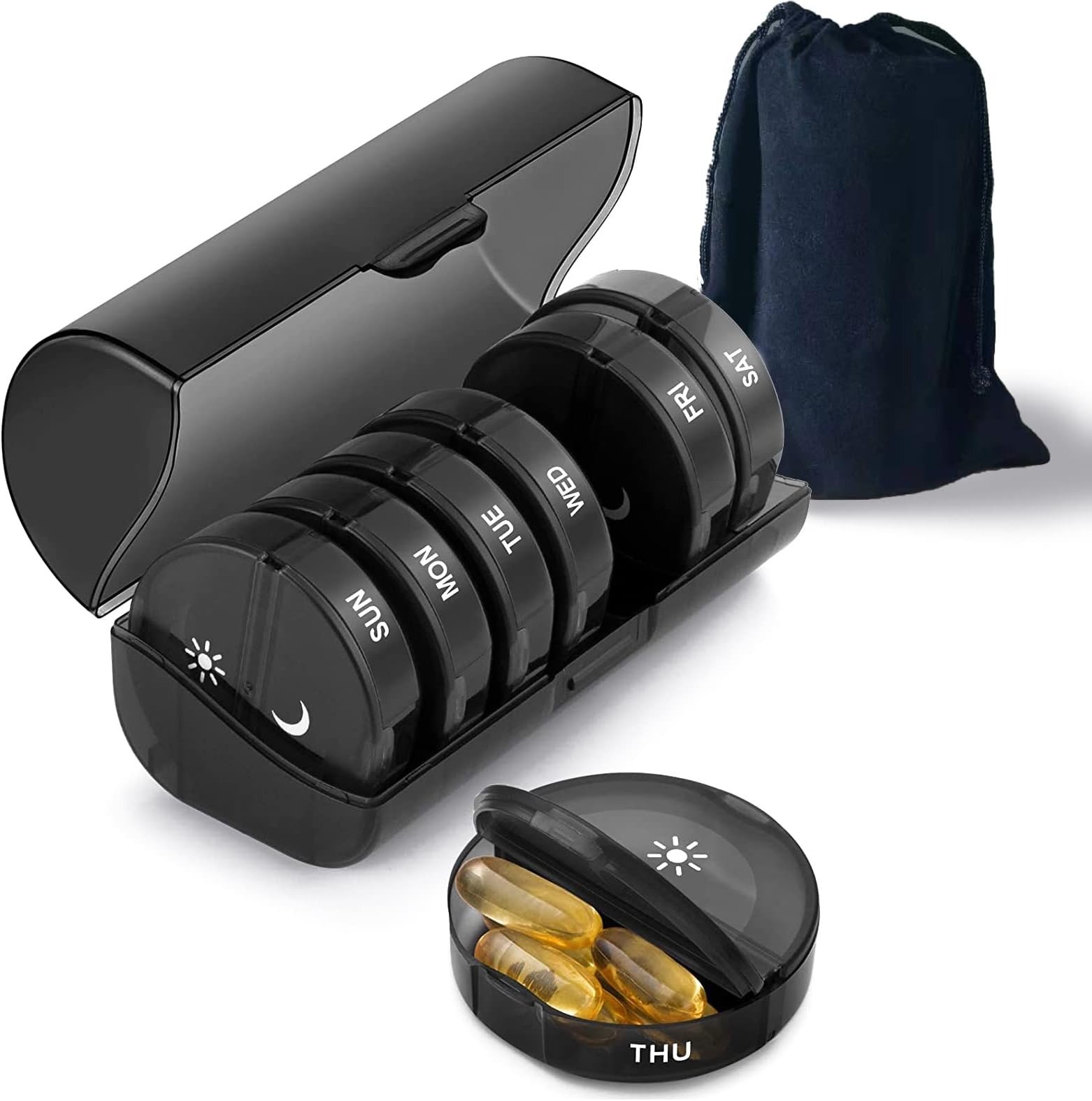 ECVV Pill Organizer 2 Times a Day, Weekly AM PM Box, Large Capacity 7 Day Cases for Pills/Vitamin/Fish Oil/Supplements (Black)