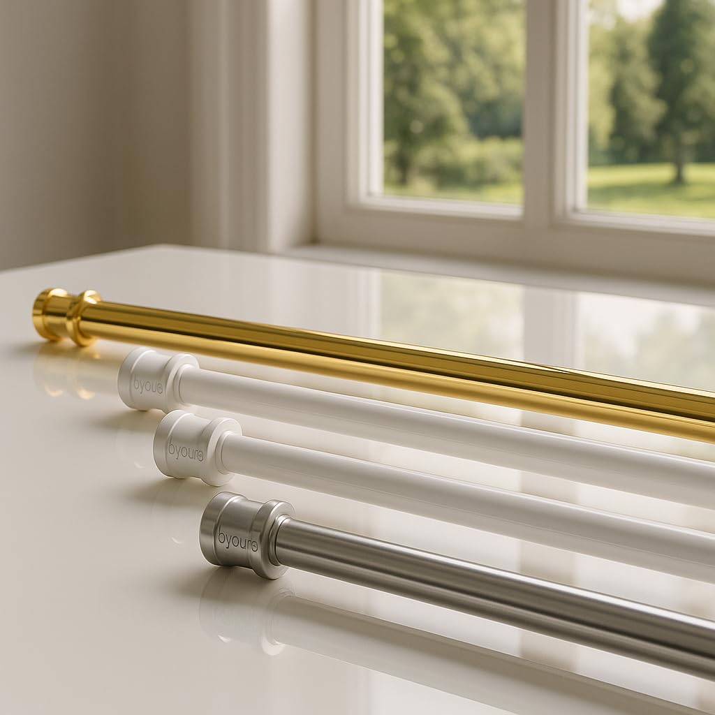 Byour3 - Coppia Bastoni per tende con molla a Pressione per Porta Finestra Astine Senza Forare Bacchette Estensibili Regolabili Tende tendina x Vetro per Camere Bagno Soggiorno (Bianco da 24 a 37 cm)