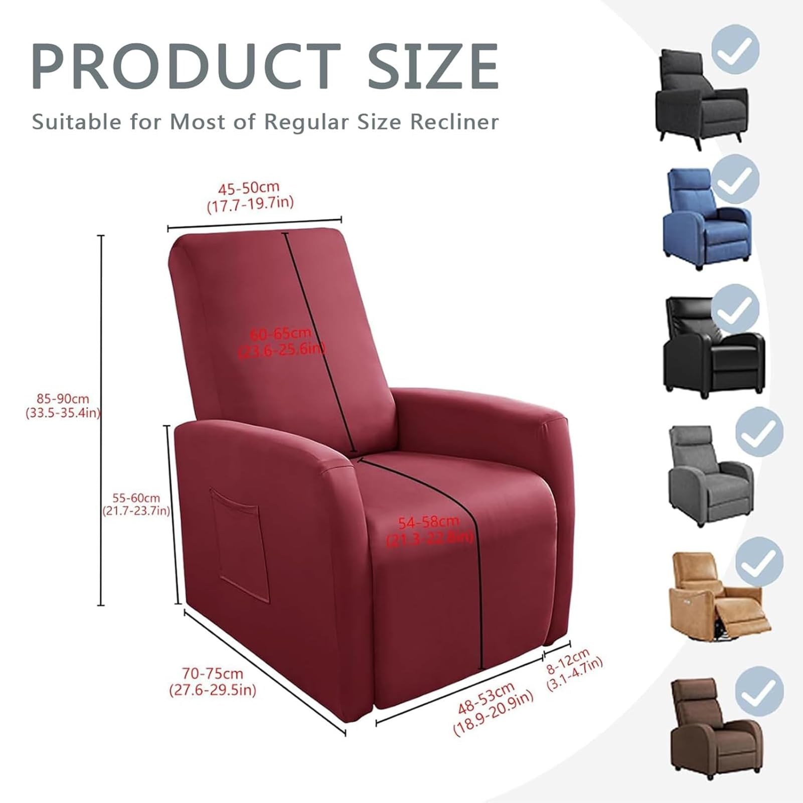 Copripoltrona Relax Reclinabile, Copridivano Relax Reclinabile Elasticizzato, Coperture per Elettrica Divano con Tasche, Fodera per Poltrona Lavabile (Rosso Vino)
