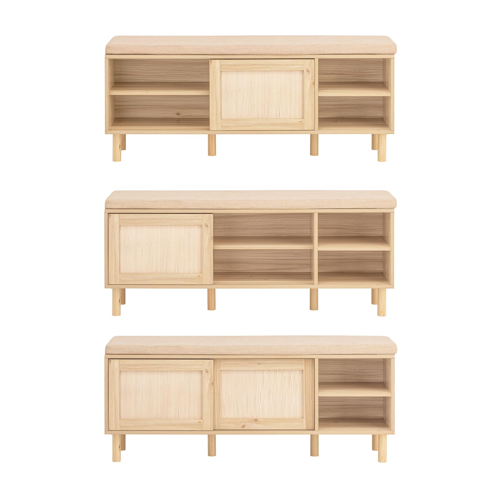 SoBuy Banco Zapatero con Asiento y Almacenaje - Banco Entrada Recibidor con 2 Puertas de Ratán + 2 Estantes Abiertos - Estilo Rústico para Recibidores Dormitorios y Pasillos - 121x35x49cm FSR163-N