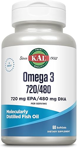 KAL Aceite de pescado Omega 3 2,400 mg - 720/480 EPA DHA Suplementos - Suplemento de apoyo para ojos, cerebro y articulaciones - destilado
