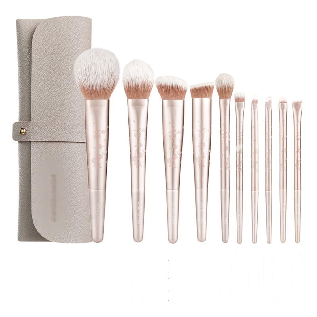 Set di 10 pennelli da Trucco con Manico in Legno e Bacchette Lunghe per fondotinta, correttore, Cipria, ombretto, Fard (Diametro 18 cm)