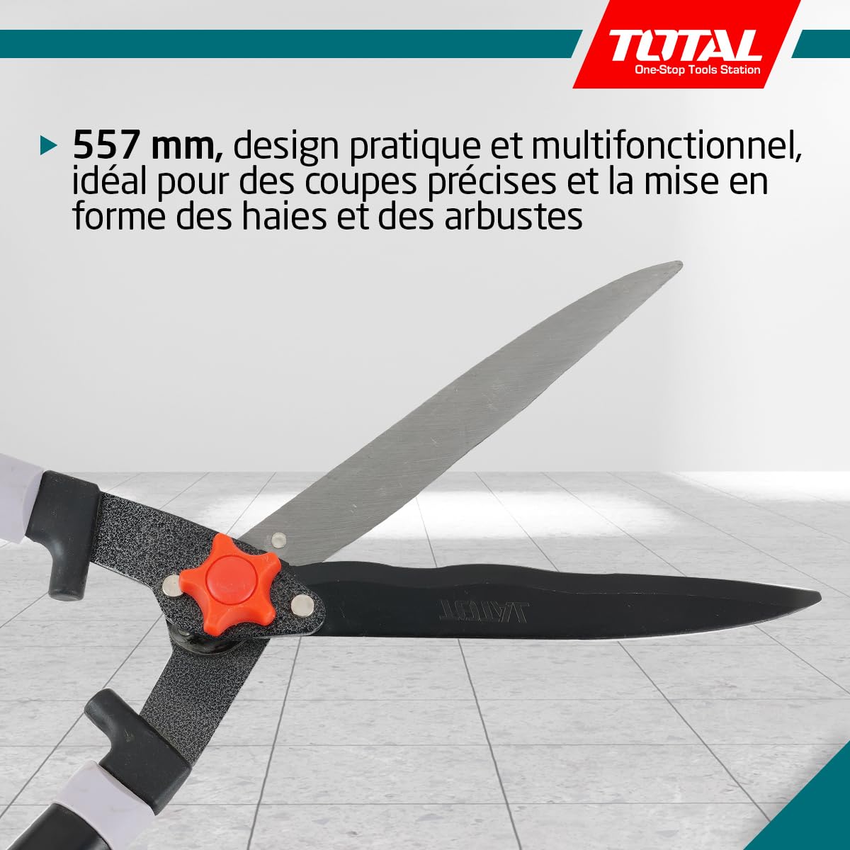 TOTAL - Cisaille taille-haie | 63 x 26 | Bleu | Longueur lame de 557 mm | Ciseaux taille-haies à deux mains avec lames en téflon pour jardinage