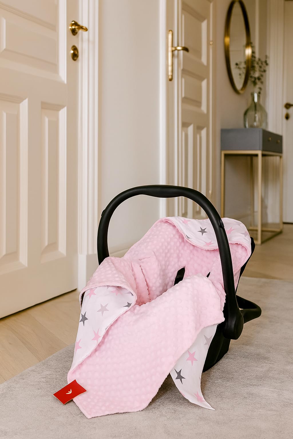 Babylux Baby EINSCHLAGDECKE 90 x 90 cm Einlage Babyschale Kinderwagen Buggy Decke Autoschale Autositz Minky Baumwolle 3-Punkt-Gurt Kleinkind Babydecke (10. Rosa + Sterne)