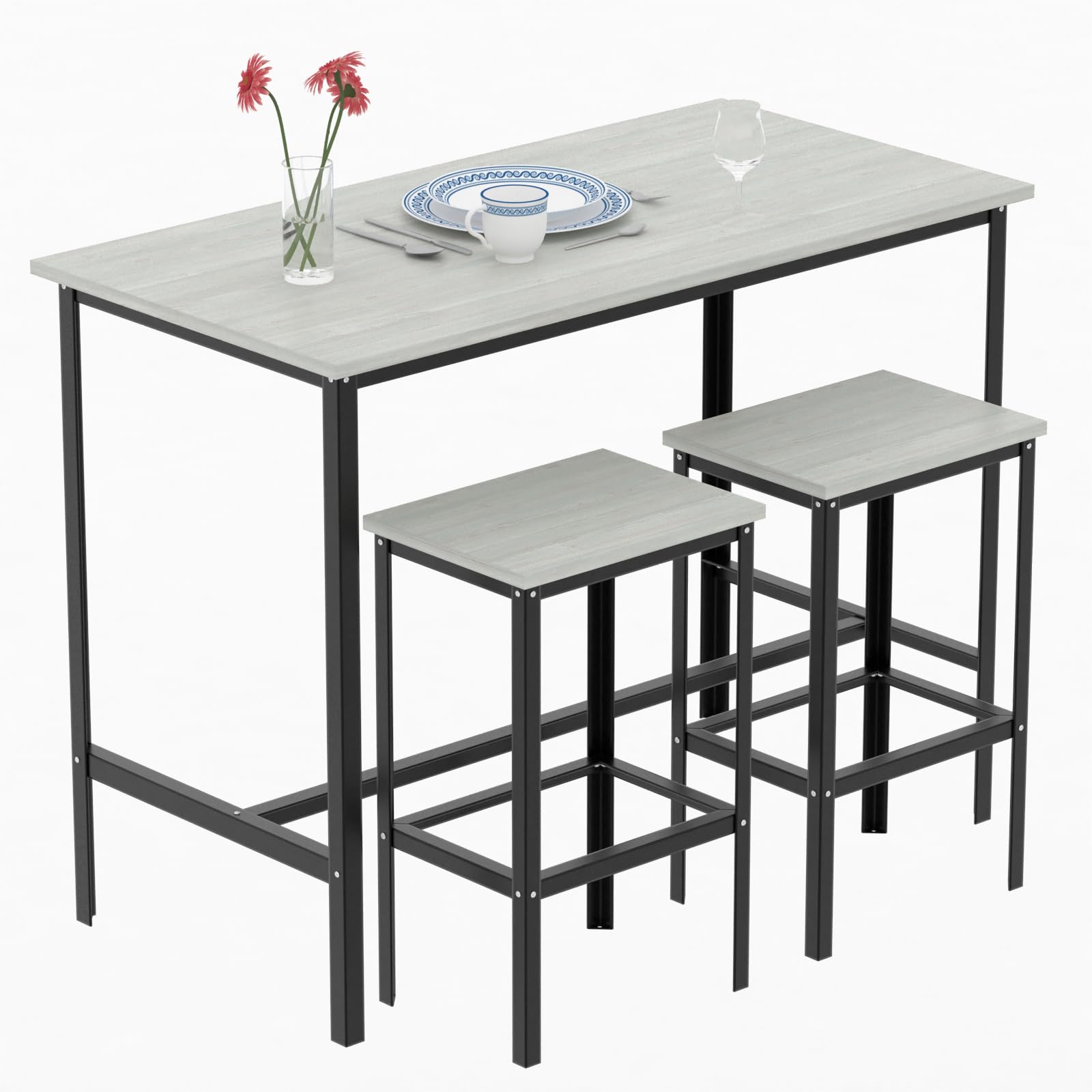 RIGID Wooden Bar Table Set with 2 Stools | Industrial Counter Height Dining Chairs for Breakfast, Kitchen, Party & Living Room Use | Compact Space-Saving Furniture (60D x 120W x 90H CM) – Assembled