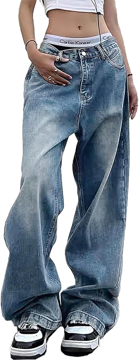 Xineicy Women's Jeans Wide Leg Baggy Jeans Low Waist Y2K Loose Boyfriends Denim Pants Vintage Streetwear