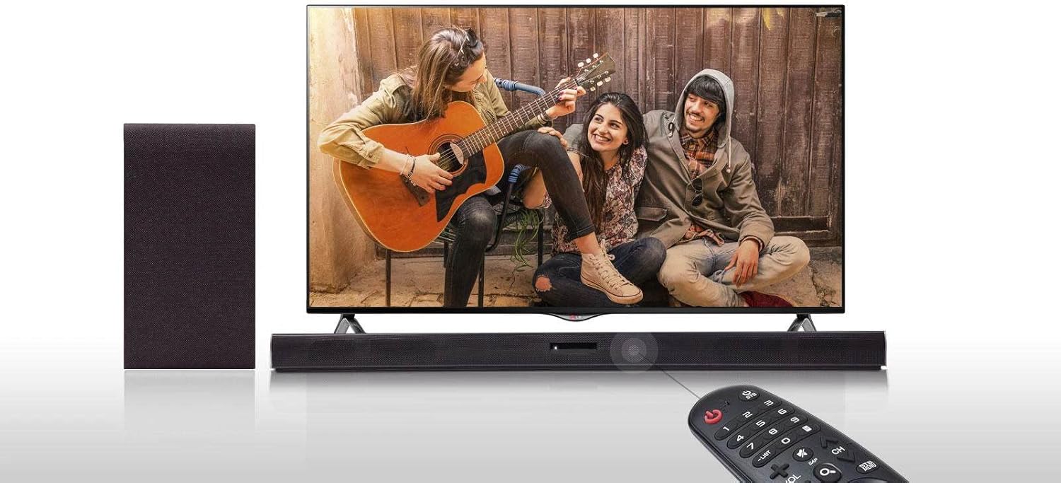 LG Soundbar and Subwoofer placed with a television