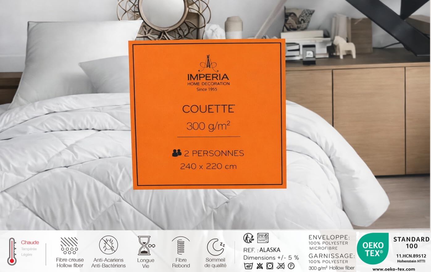 Couette 240x220 cm 2 Personnes – 300 g/m² – Chaude et Confortable – Anti-acariens – 100% Fibre Creuse Gonflante- Oeko-TEX® Standard 100