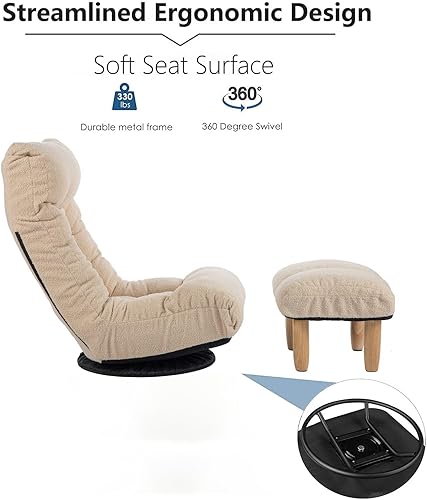 Miniatura 7 de Sofá de piso con reposapiés, sofá giratorio perezoso silla de ocio con respaldo ajustable para sala de estar, blanco único marino,Gris,Blanco único
