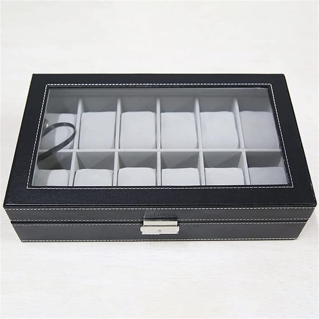 Watch Box for Men Large Watch Display Case Organizer Tray Jewelry Display Storage Glass Top Black PU Leather