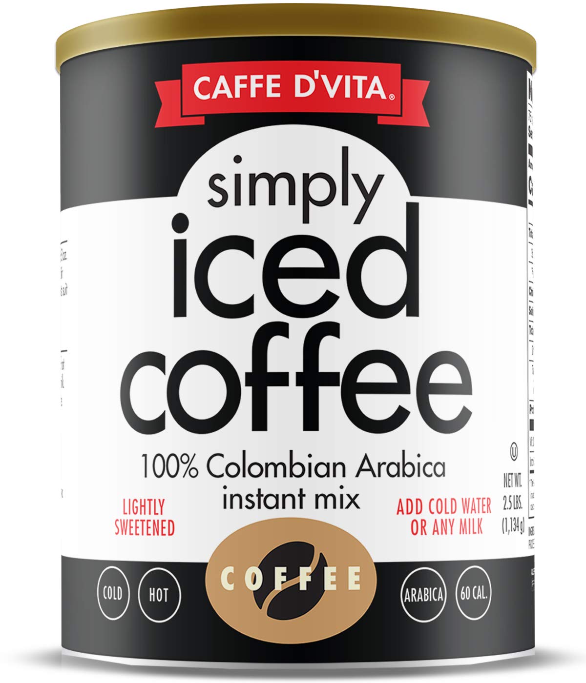 Caffe D'Vita Simply Iced Coffee, 100% Colombian Arabica Instant Mix, 2.5 lb Can