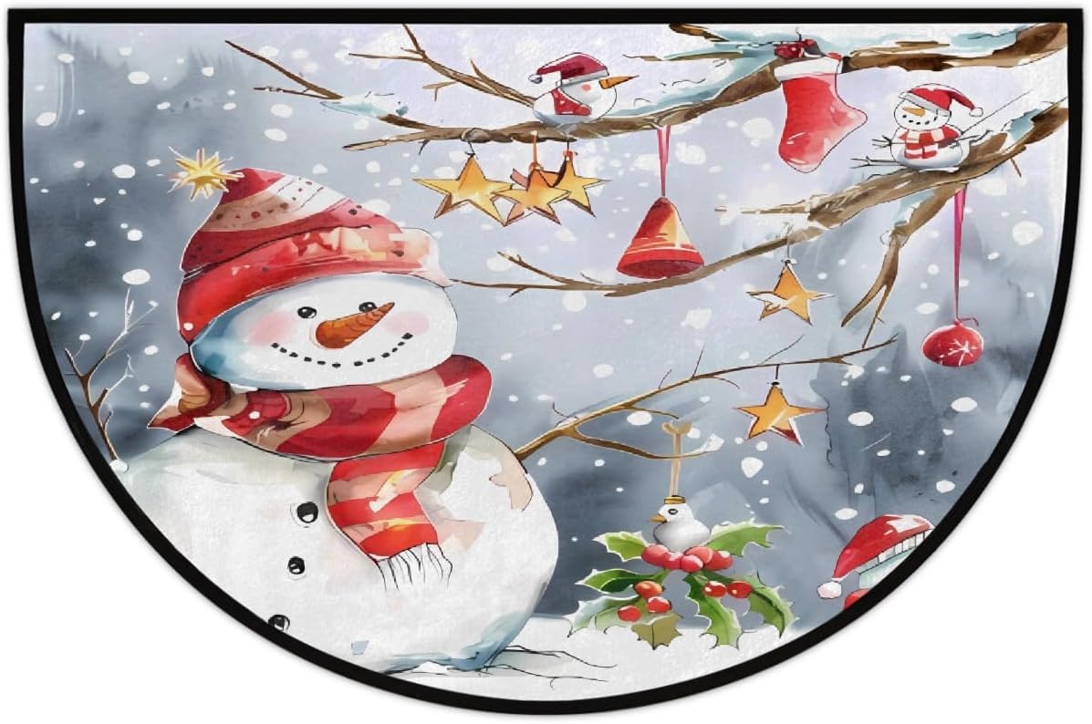 Christmas Snowman Half Round Door Mat Winter Snowflake Washable Semi Circle Rug Area Rug Non Slip Doormat Half Moon Rug for Kitchen Entrance Patio Bedroom Home Decor