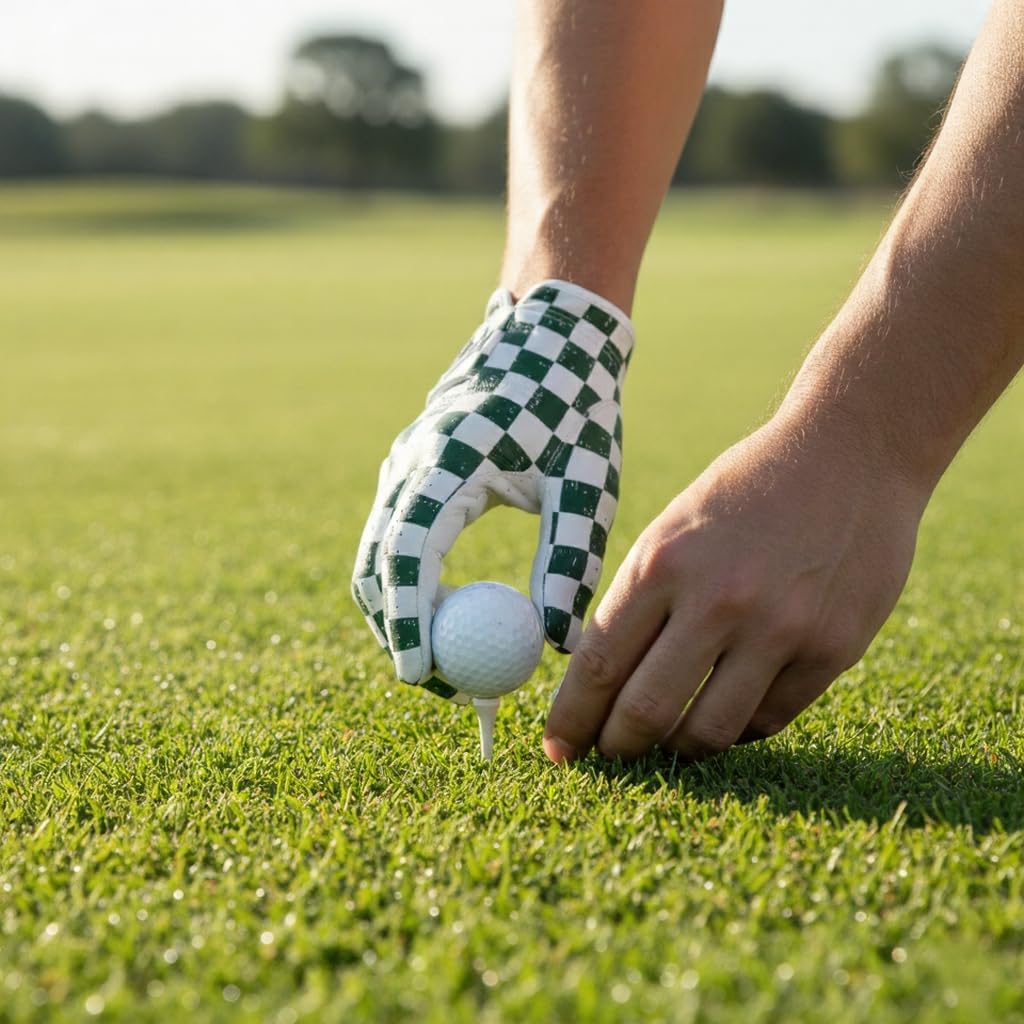 Premium Golf Glove V2 - AAA Cabretta Leather | Improved Fit and Durability | All Weather Performance | Men and Women (Green/White Checkered, Large, Left Hand (for Right Handed Golfers))