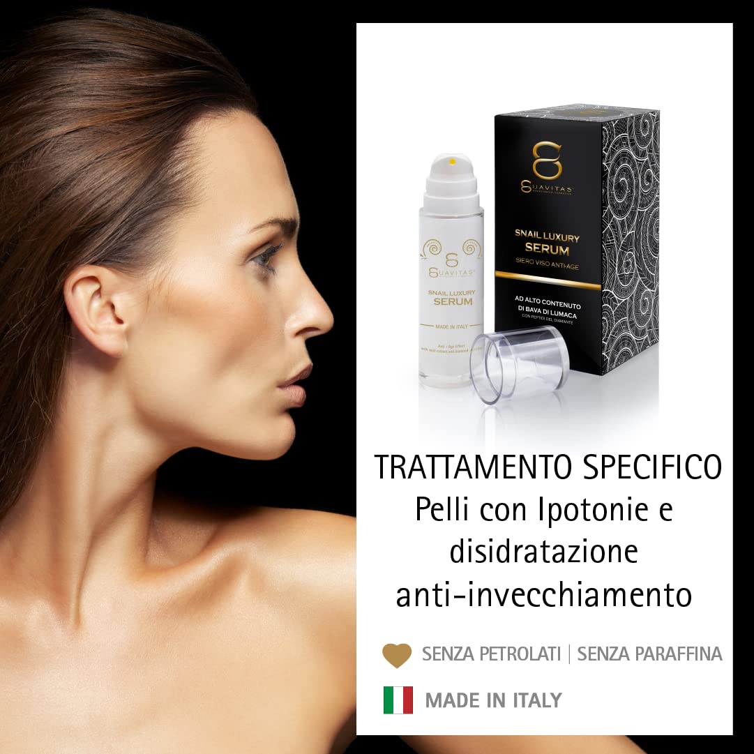 Suavitas | Snail Luxury Serum - Siro viso Bava di Lumaca - 30 ml - Siero anti-age e rimpolpante - A base di Bava di Lumaca, Peptidi del Siero di Vipera, Acido Ialuronico, Arginina