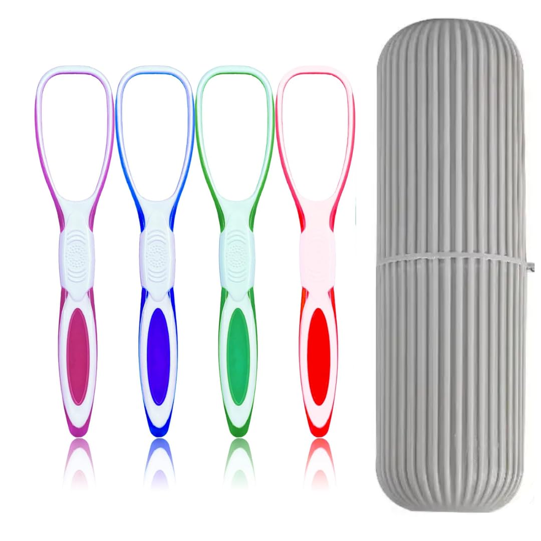 ProGrip Tools4 Pcs Soft Double Action Tongue Cleaner Scrapper For Kids and Adults With Grey Travel Capsule Plastic Tooth brush paste holder flexible design for health, Oral care (Grey)