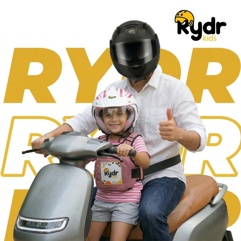 Image of RYDR Premium Motorcycle Safety Harness for Kids (2-12 Years) Adjustable Two-Wheeler Safety Belt for Child Rider with Reflective Strip & Storage Pocket (Pink, with Pocket)