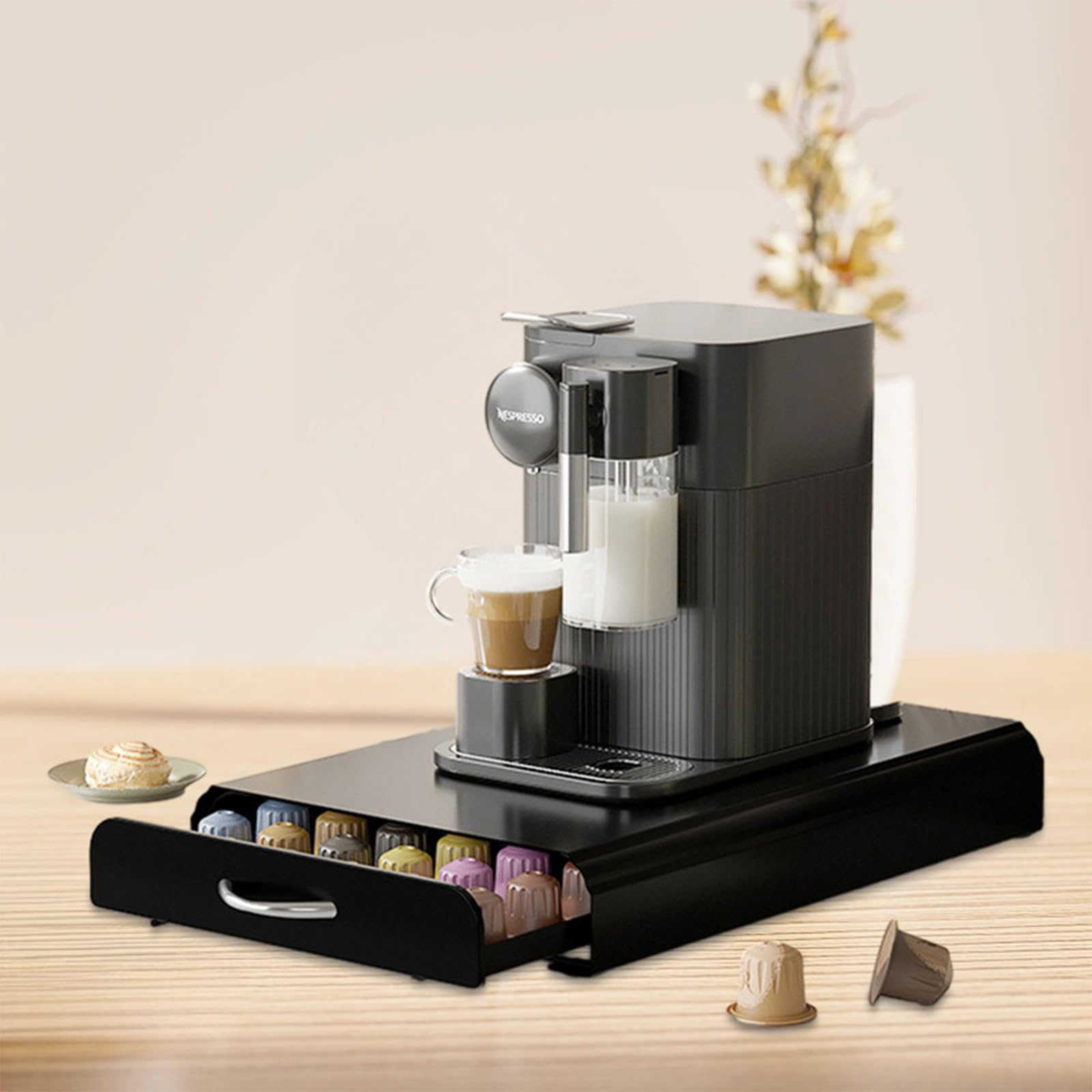 BAVIEN Coffee Pod Drawer, Sturdy Metal K Cup Organizer Coffee Pot Storage, Coffee Capsule Holder with 60 Nespresso OriginalLine Capsules for Home Office Kitchen Counter