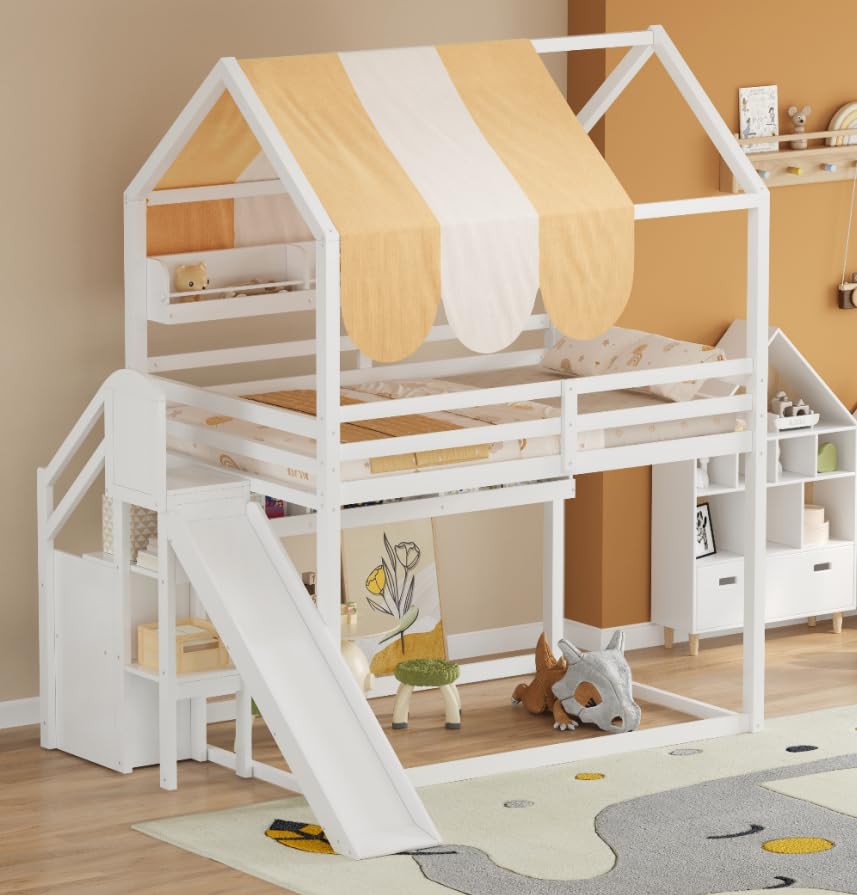 Image of Bellemave Bunk beds Full Over Full with Slide and Stair and Bookshelf House roof Design, Low bunk /loft Bed for Kids,White
