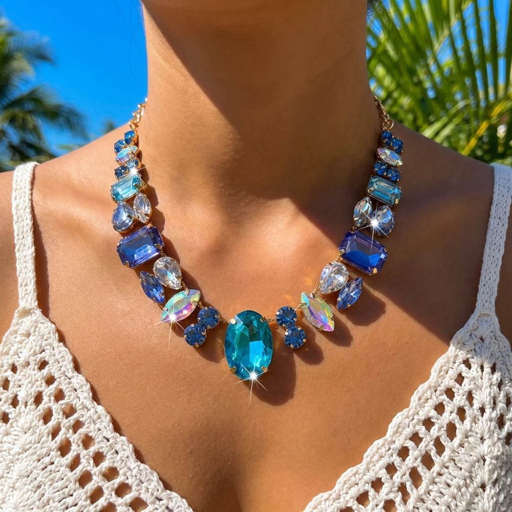 Chunky Colorful Crystal Choke Necklace For Women Shiny Rhinestone Geometry Oval Statement Necklace Exaggerated Sparkle Wedding Prom Jewelry Gifts