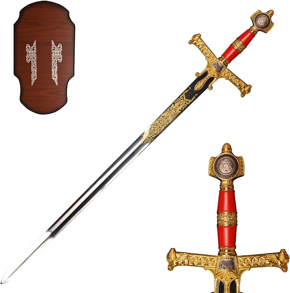 46" Stainless Steel Solomon King David Star Ceremonial Sword with Black/Red Handle for Collection, Gift