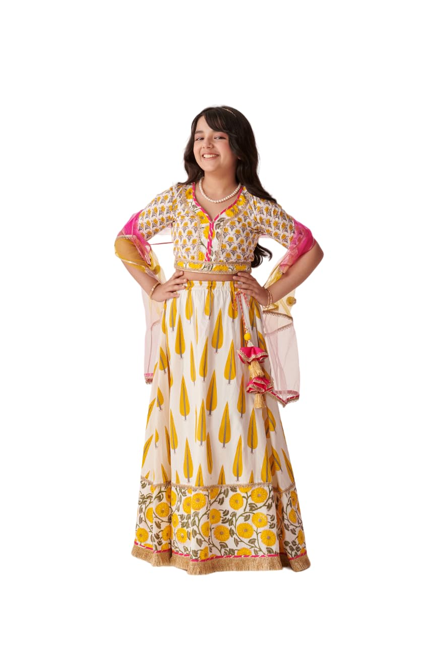 Pspeaches Girl's Cotton 1 Lehenga, 1 Choli, 1 Dupatta (L-Yellowgreyprint-10- Yellow_10-12Y)