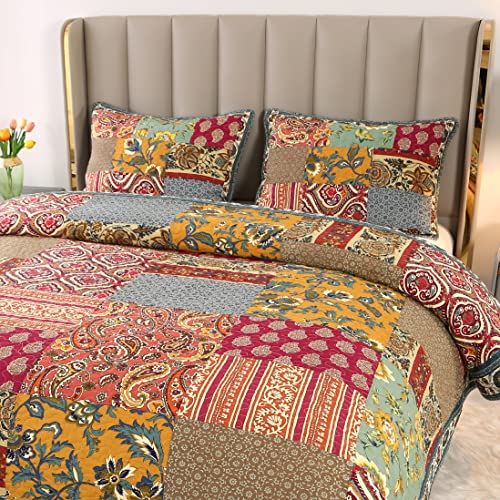 Kinbedy 3 Piece Boho Real Patchwork 100% Cotton Bedspread King Vintage Plaid Floral Daybed Bedding Light Weight Reversible Quilt Luxury Matelasse Bed Coverlet Set With Shams #TOP2
