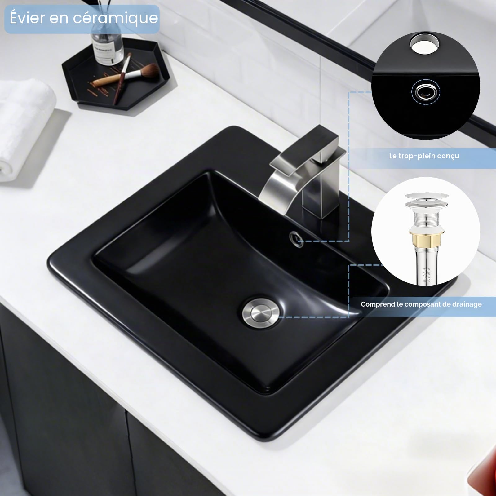 Lavabo en Céramique Noir Mat, 53 x 46 cm, Rectangle, Vasque à Encastrer Moderne, Lavabo de Comptoir avec Trou pour Robinet,Trop-Plein et Bonde de Vidange Escamotable en Acier inoxydable, Salle de Bain
