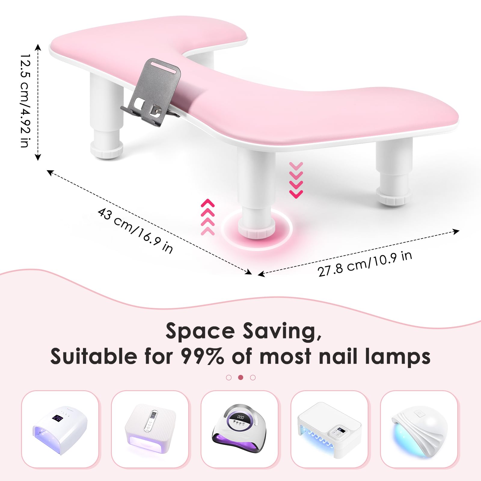 Reposabrazos para uñas para la mano: cojín de mano ajustable con altura y soporte para teléfono giratorio de 360° – Reposabrazos para uñas de cuero PU rosa para uso en salón de uñas y en casa