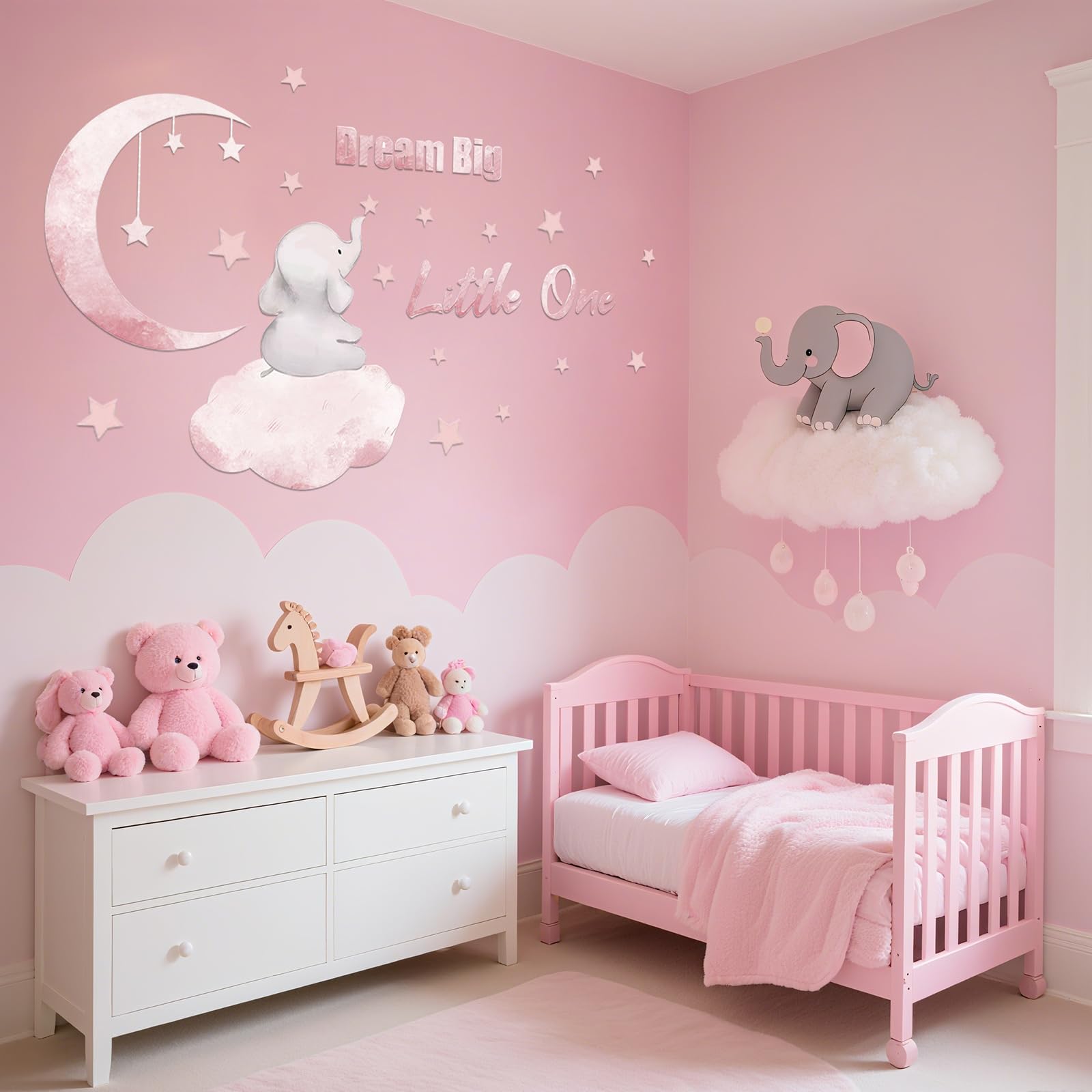 1 Roll Dream Big Little One Elephant Wallpaper Baby Wall Stickers with Stars and Moon Elephant Wall Art for Bedroom Playroom Living Room Baby Room Nursery Decoration - Image 4