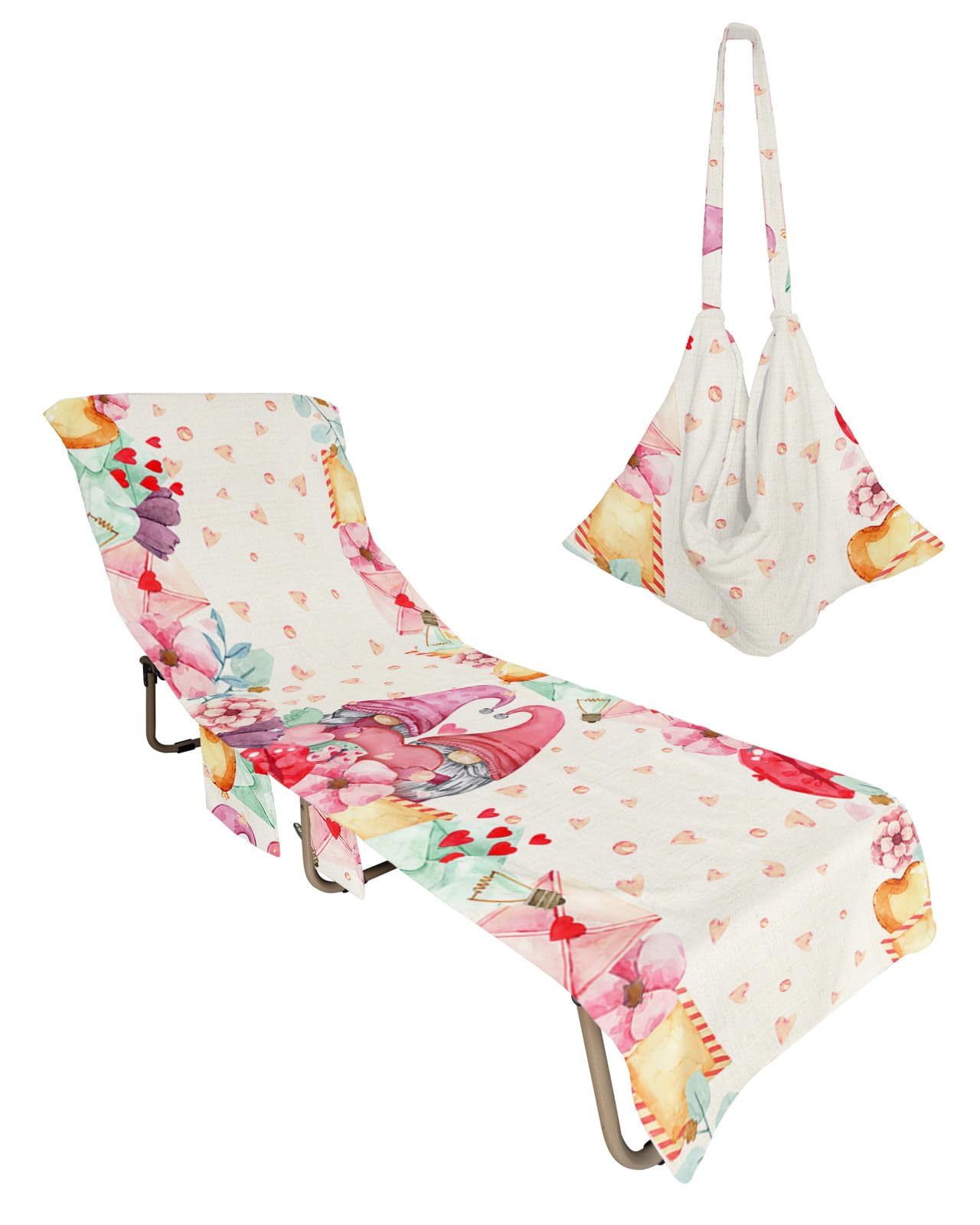 Heart Gnomes Beach Chair Towel Covers for Chaise Lounge with Side Pocket, Soft Plush Pool Towels Cover for Patio Sunbathing Outdoor 29''x85'' Valentine's Day Love Word Flower
