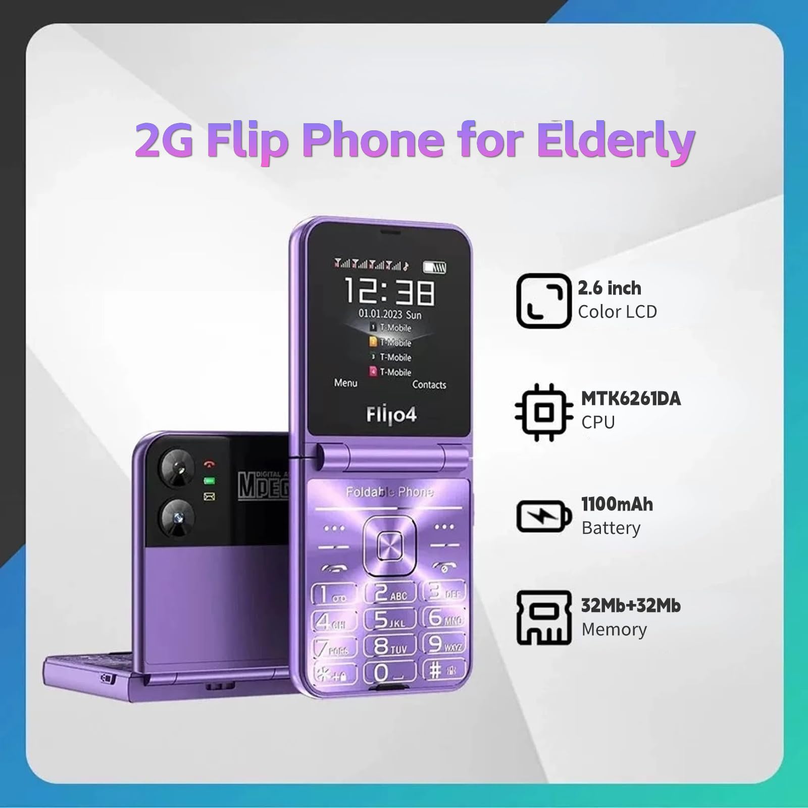 Telefon komórkowy dla seniorów z klapką, konstrukcja z klapką, podwójny ekran, duże przyciski, szybkie wybieranie, czysty dźwięk, kamera HD, Latarka LED (fioletowa)