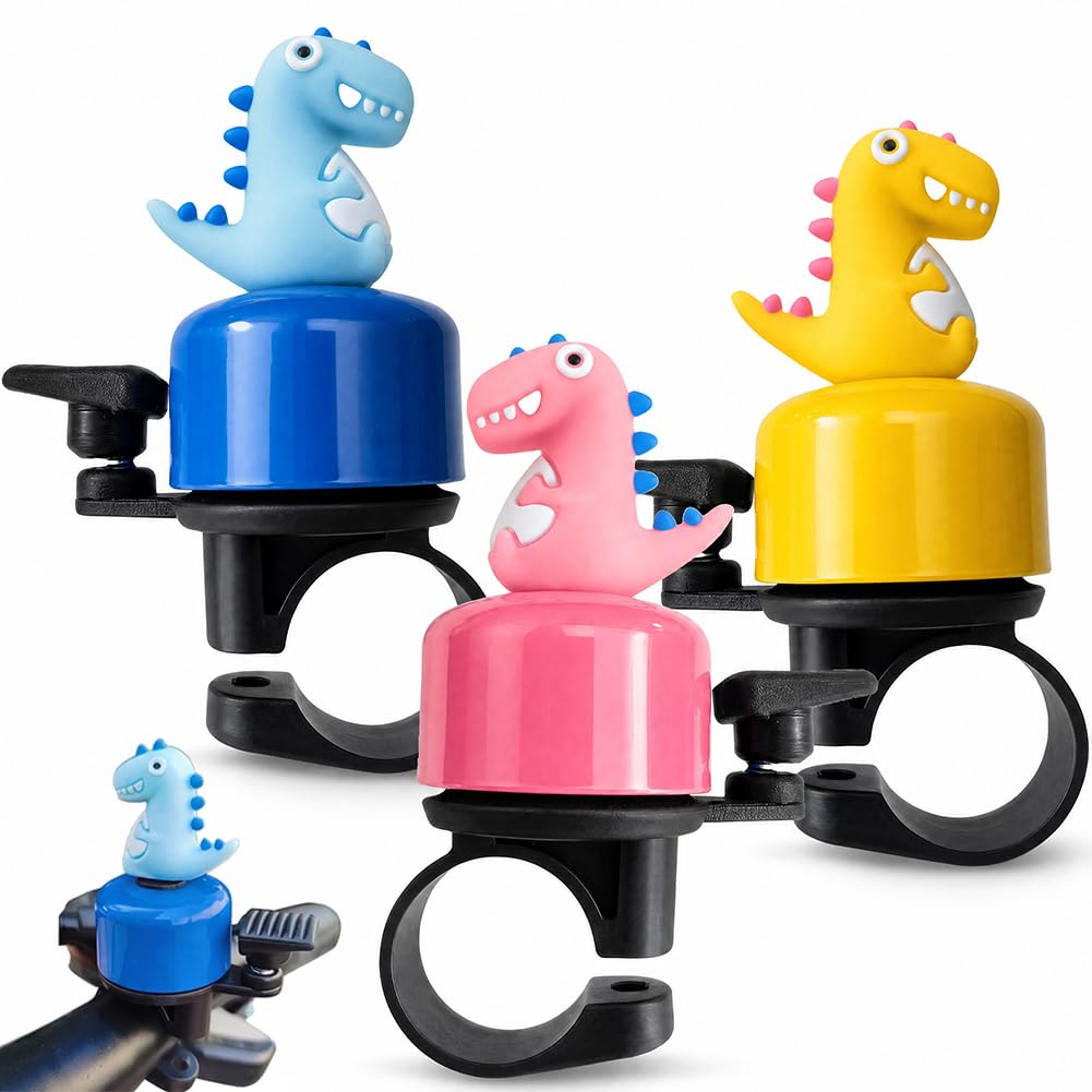 3Pcs Dinosaur Bike Bell for Kids, Cute Dino Ring Bell for Bicycle, Scooter, Tricycle – Yellow, Pink, Blue – Easy to Install, Loud Clear Sound, Safety Bell for Children