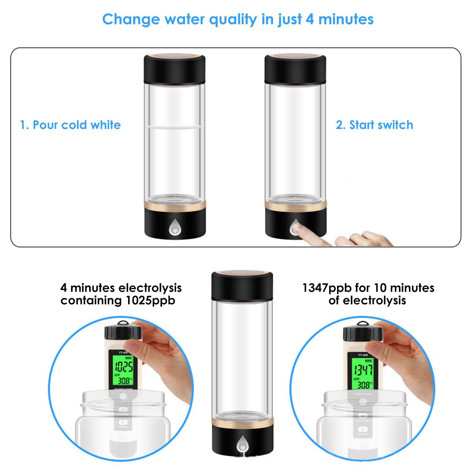 Botella De Agua Rica En Hidrógeno De 380ml, Taza De Agua Rica En Hidrógeno De Alta Concentración 1200PPB | Ionizador De Hidrógeno Antiedad A Través De USB Para La Mejora De La Salud