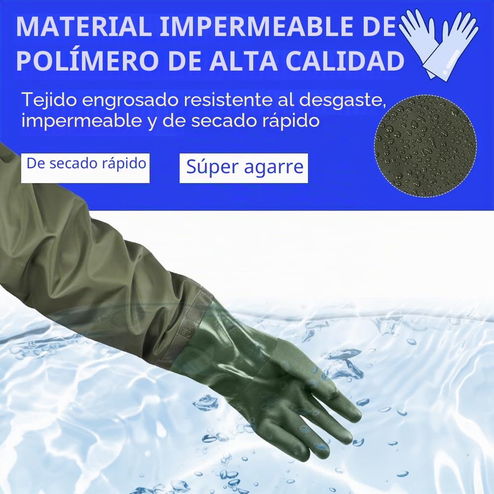 70cm Guantes de Estanque, Impermeables Limpieza Guantes Trabajo con Longitud Hasta el Codo para Jardinería, Pesca, Acuarios y Maquinaria Industrial (Verde)