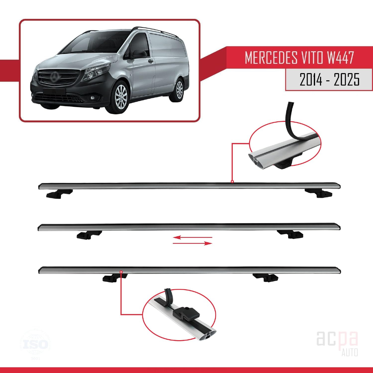 Barres De Toit Acier Pour Mercedes Vito W447 (2015→) – Porte-bagages Noir – Fixation Sur Points De Montage – Charge 75 Kg
