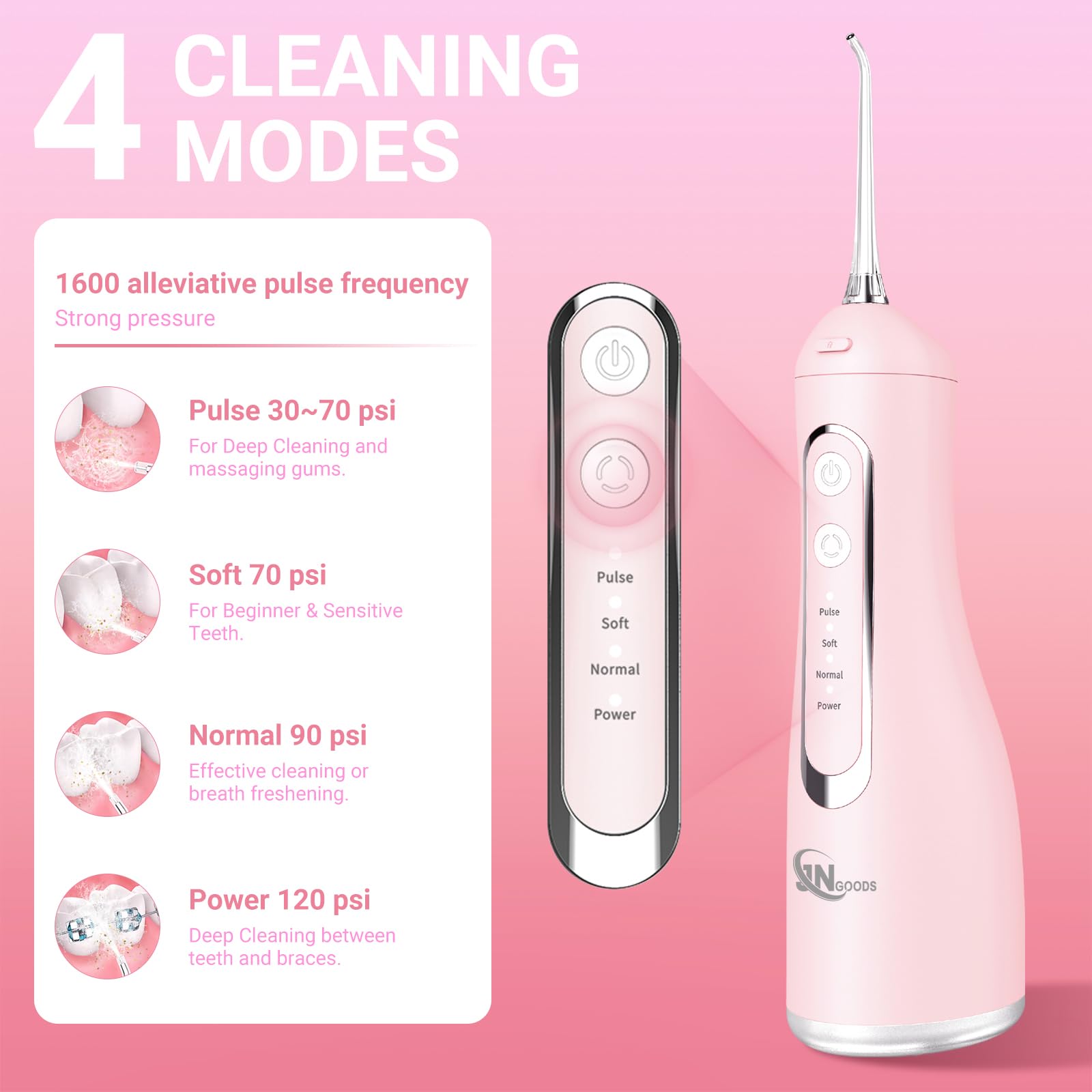 JNGOODS JNGOODS - Irrigador bucal inalámbrico de agua, 300 ml, recargable para dientes, IPX7, impermeable, 4 modos, irrigador oral portátil con 4 puntas de chorro, uso doméstico de viaje (rosa)