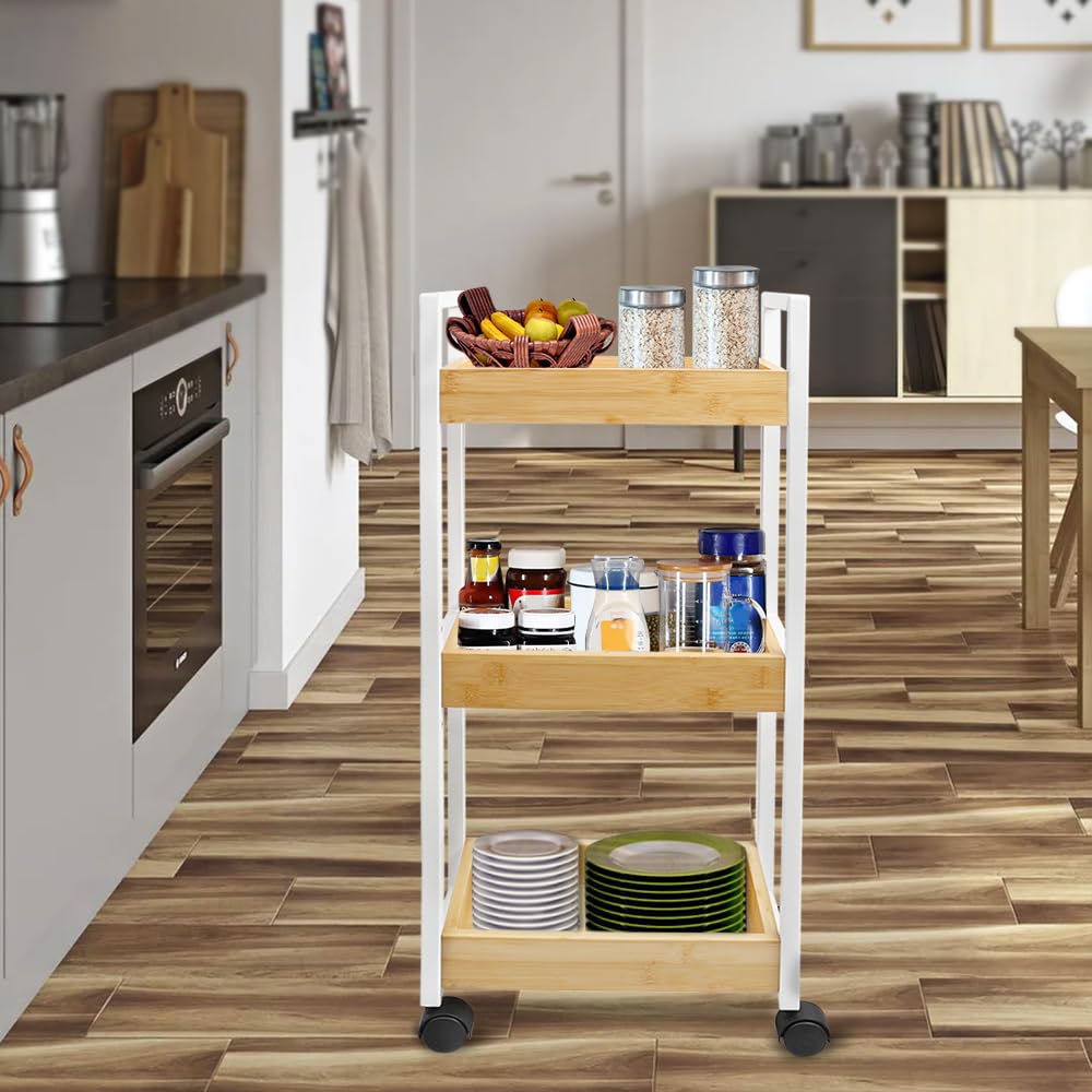LANTUS Étagère Mince de Salle de Bains, Gain de Place, Bambou, Chariot de Rangement à 3 Niveaux sur roulettes,Étagère Debout 3 paniers dim. 30L x 20l x 80H cm-Blanc