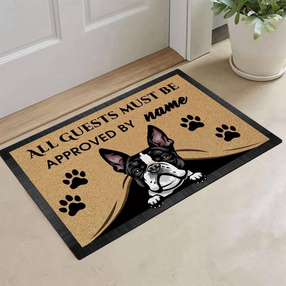 Personalized Dog's Name Peeking Dog Boston Terrier Doormat All Guest Must Be Approved by Rugs for Home Decor 23.6 x 15.7 Inch