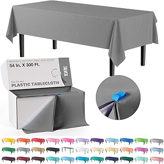 Party Solids 54 Inch X 300 Feet Silver Plastic Table Cover Roll in A Cut - to - Size Box with Convenient Slide Cutter. Cuts Up to 36 Rectangle 8 Feet Plastic Disposable Tablecloths